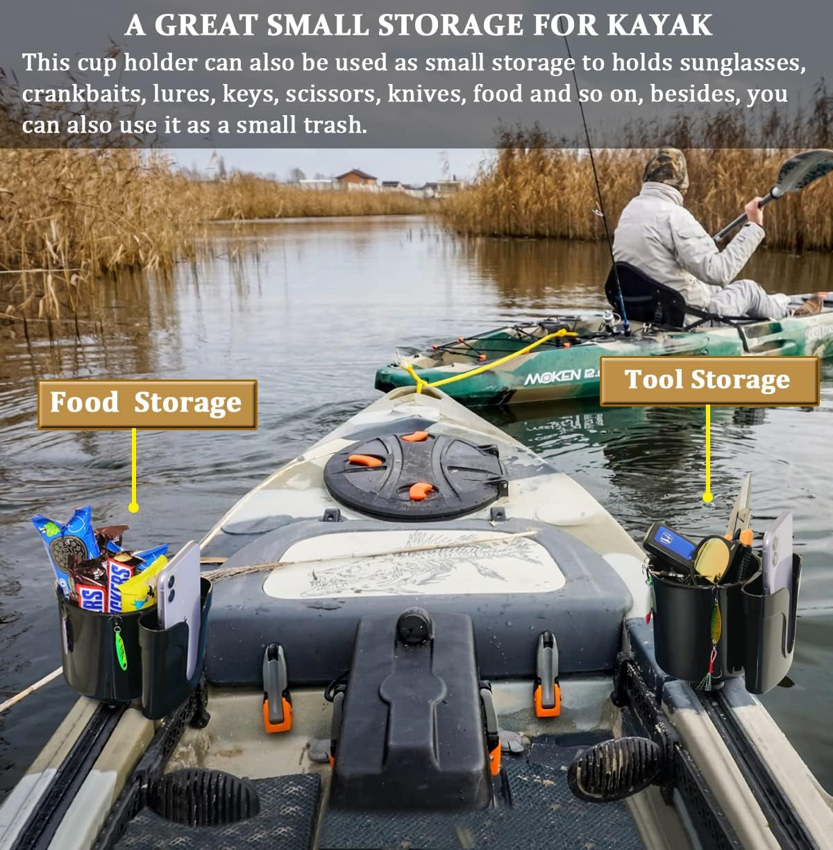 2Pcs Multifunctional Kayak Cup Holder, Phone Holder, Fishing Tool and Lures Storage, Kayak Bottle Holder Drink Holder, Kyak Fishing Accessoires, Kayak Track Mount Install