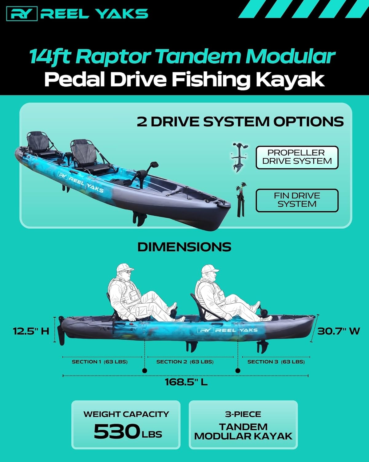 Raptor 14 pies Tándem | Aleta y Propulsión a Hélice | Kayak de Pesca Modular