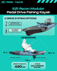 Kayak de pesca con pedal Raptor modular de 9,5 pies | Súper ligero, capacidad de 400 libras | Fácil de almacenar - Fácil de transportar | Supera a los inflables | Sin portaequipajes en el techo - Sin portaequipajes en la pared | Adultos Jóvenes Niños