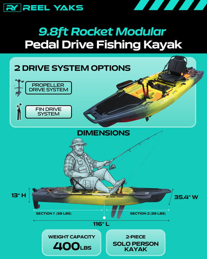 Cayuco de pesca modular a pedales Rocket Reel Yaks de 9.8 pies con propulsión a pedales y paquete de motor de curricán Bixpy | Capacidad de 400 lbs | 2 piezas