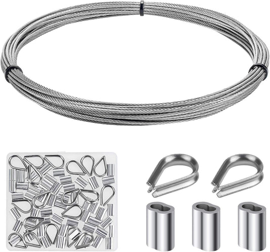 Cable Railing Kits, 1/16" Stainless Steel Cable 33Ft with 50 PCS Aluminum Crimping Sleeves and 12 PCS Stainless Steel Thimbles