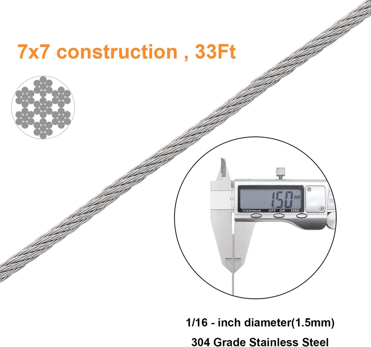 Cable Railing Kits, 1/16" Stainless Steel Cable 33Ft with 50 PCS Aluminum Crimping Sleeves and 12 PCS Stainless Steel Thimbles