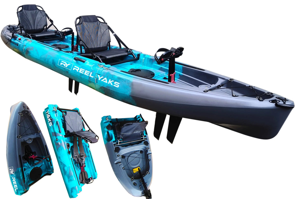 14ft Raptor Tandem or Solo Modular Raptor Fin or Prop Drive Pedal Fishing Kayak | 520lbs Capacity | 3 Piece ReelYaks
